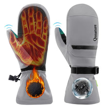 Gray heated gloves with flame and water droplet graphics on a white background