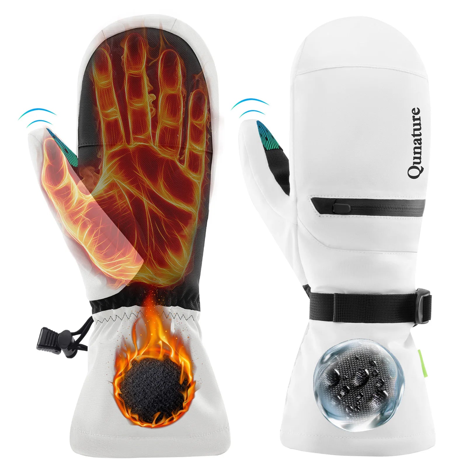 White gloves with flame and water design on a white background, featuring the brand 'Quanature'.