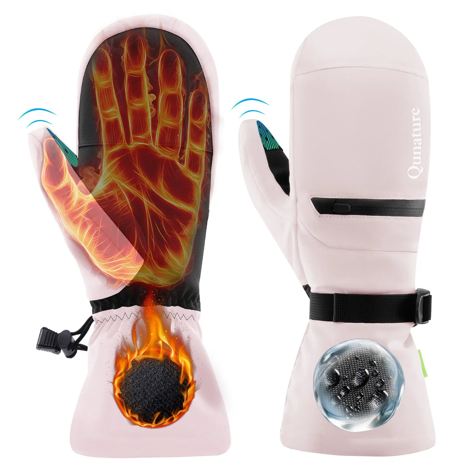 Pair of gloves with flame and water droplet designs on a white background