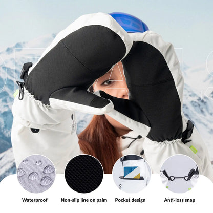 Person wearing black gloves with features highlighted on a snowy background