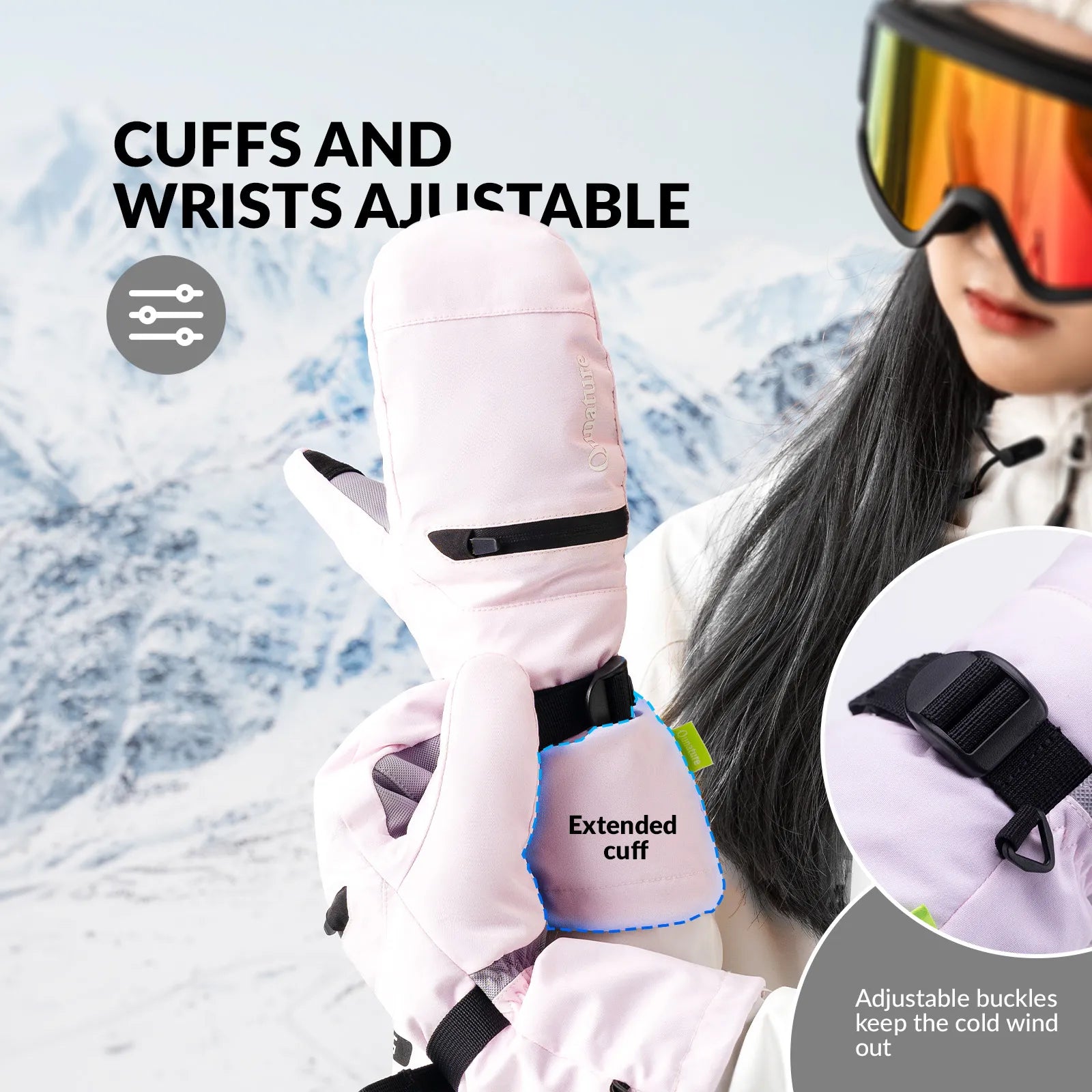 Person wearing pink ski gloves with adjustable cuffs and wrists, set against a snowy mountain background.