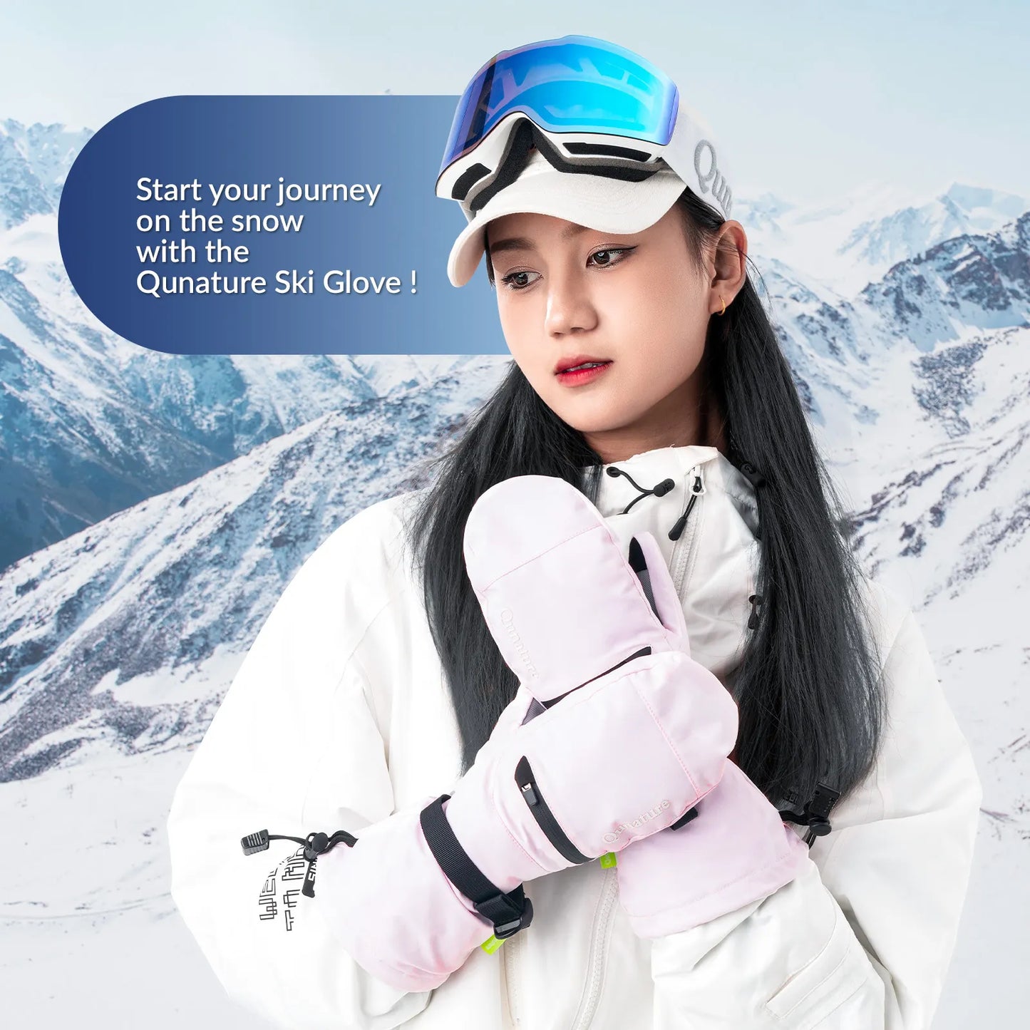 Person wearing a Qunature ski glove with a snowy mountain background