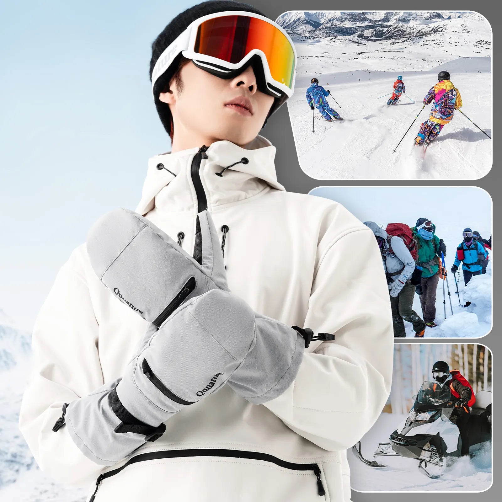 Person in winter sports gear with inset images of snowy activities