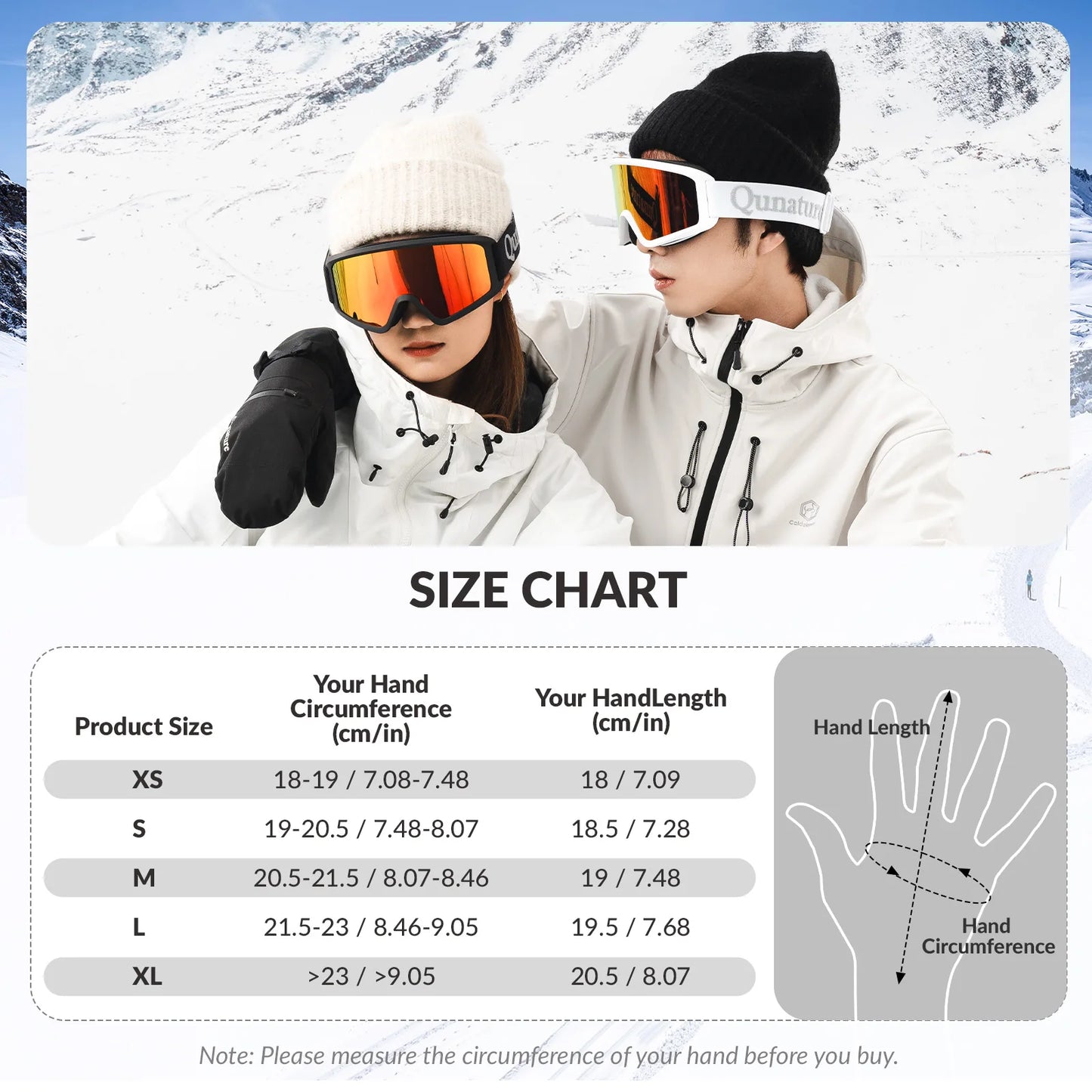 Two people wearing winter gear with a size chart overlay against a snowy background