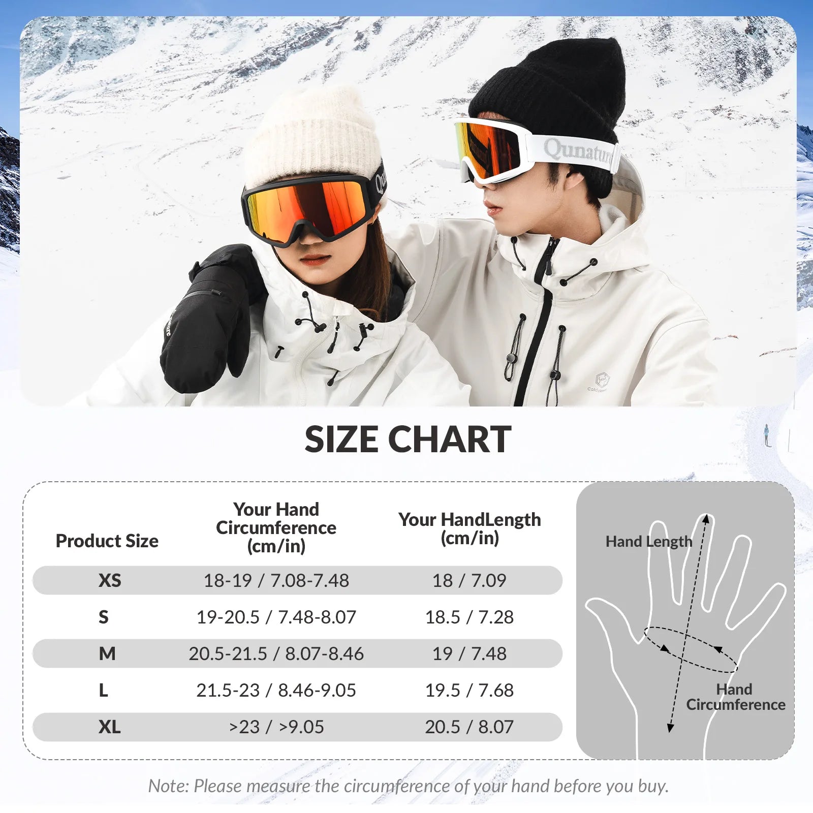 Two people wearing winter gear with a size chart overlay against a snowy background