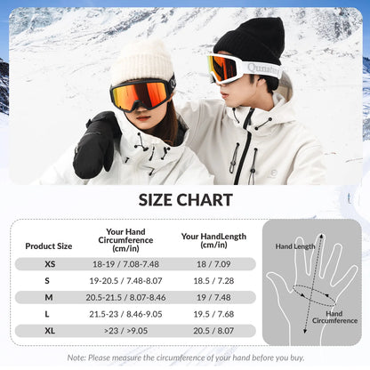 Two people wearing winter gear with a size chart overlay against a snowy background