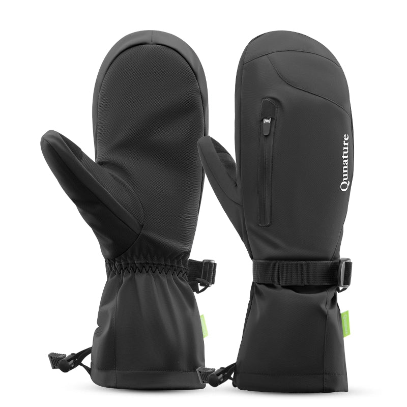 Black mittens with a visible brand logo on a white background