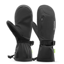 Black mittens with a visible brand logo on a white background