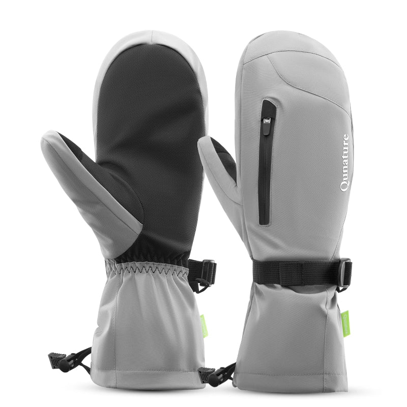 Gray and black mittens with a visible brand logo on a white background