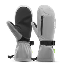 Gray and black mittens with a visible brand logo on a white background