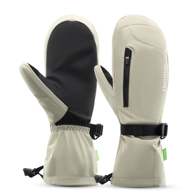 Pair of beige and black mittens with a visible brand logo on a white background
