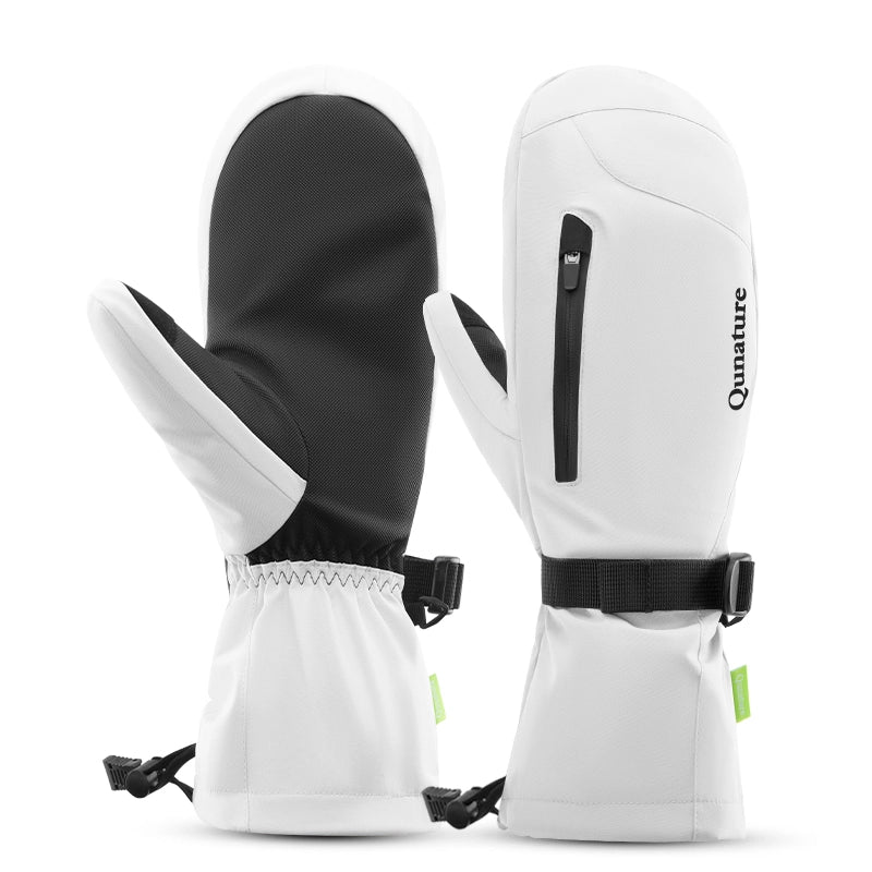 Pair of white and black mittens with 'Qu Nature' branding on a white background