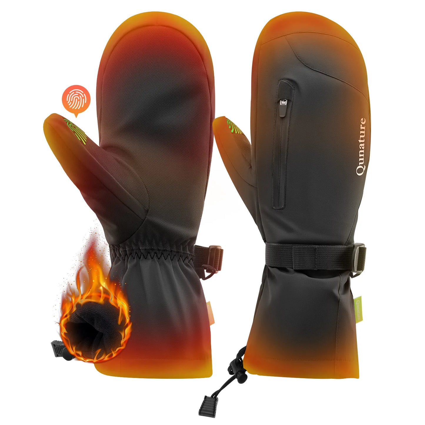 Pair of black and orange heated gloves with flame graphic on a white background, featuring the brand 'Quanature'.