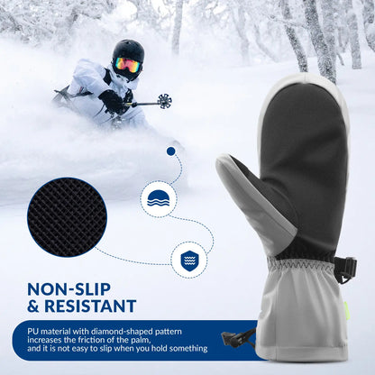Person skiing in a snowy landscape with a focus on a gray glove and text about non-slip properties.