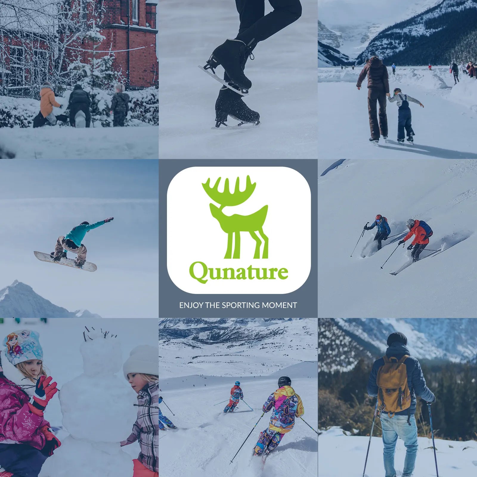 Collage of people skiing and snowboarding with Qunature logo in the center.