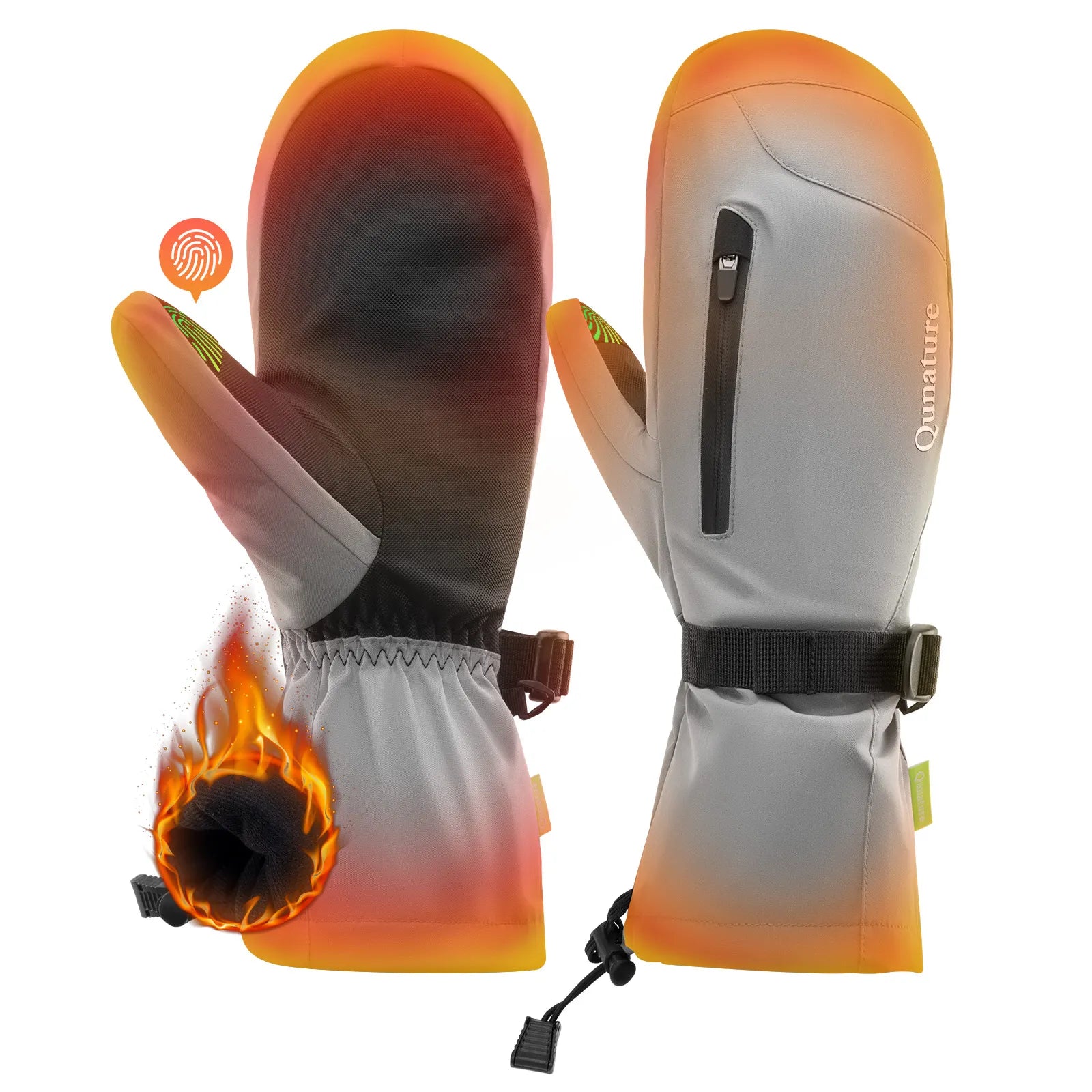 Pair of heated gloves with flame icon and 'Qunature' branding on a white background