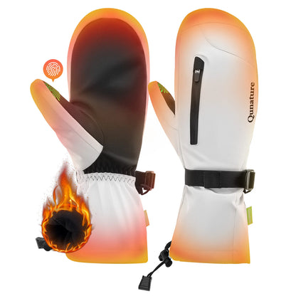 Colorful ski mittens with flame design and Qunature branding on a white background