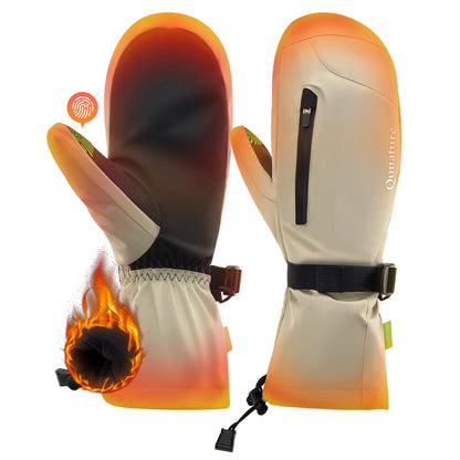 Pair of gloves with flame design and Qunature branding on a white background