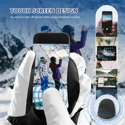 Person using a touchscreen device in a snowy landscape with text highlighting touch screen design.