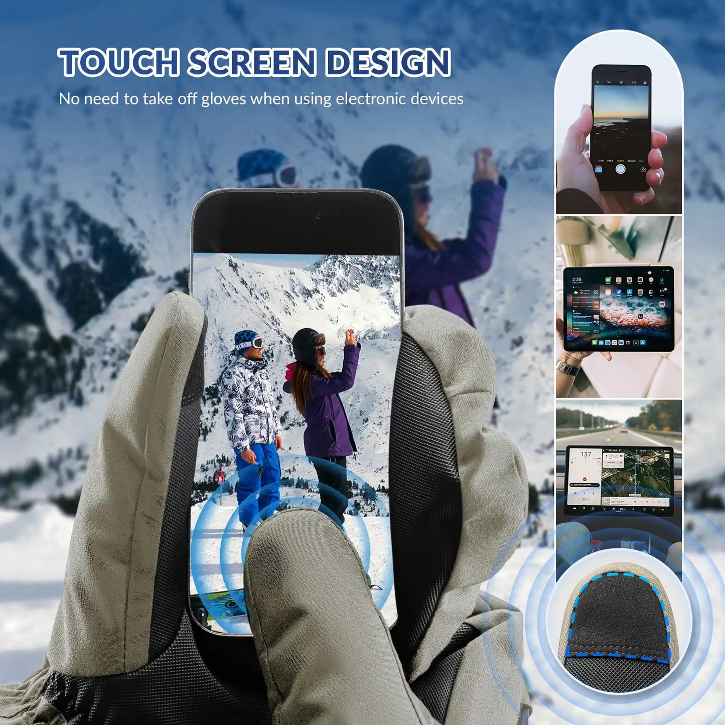 Person using a smartphone with gloves on, surrounded by snowy landscape and electronic device images.