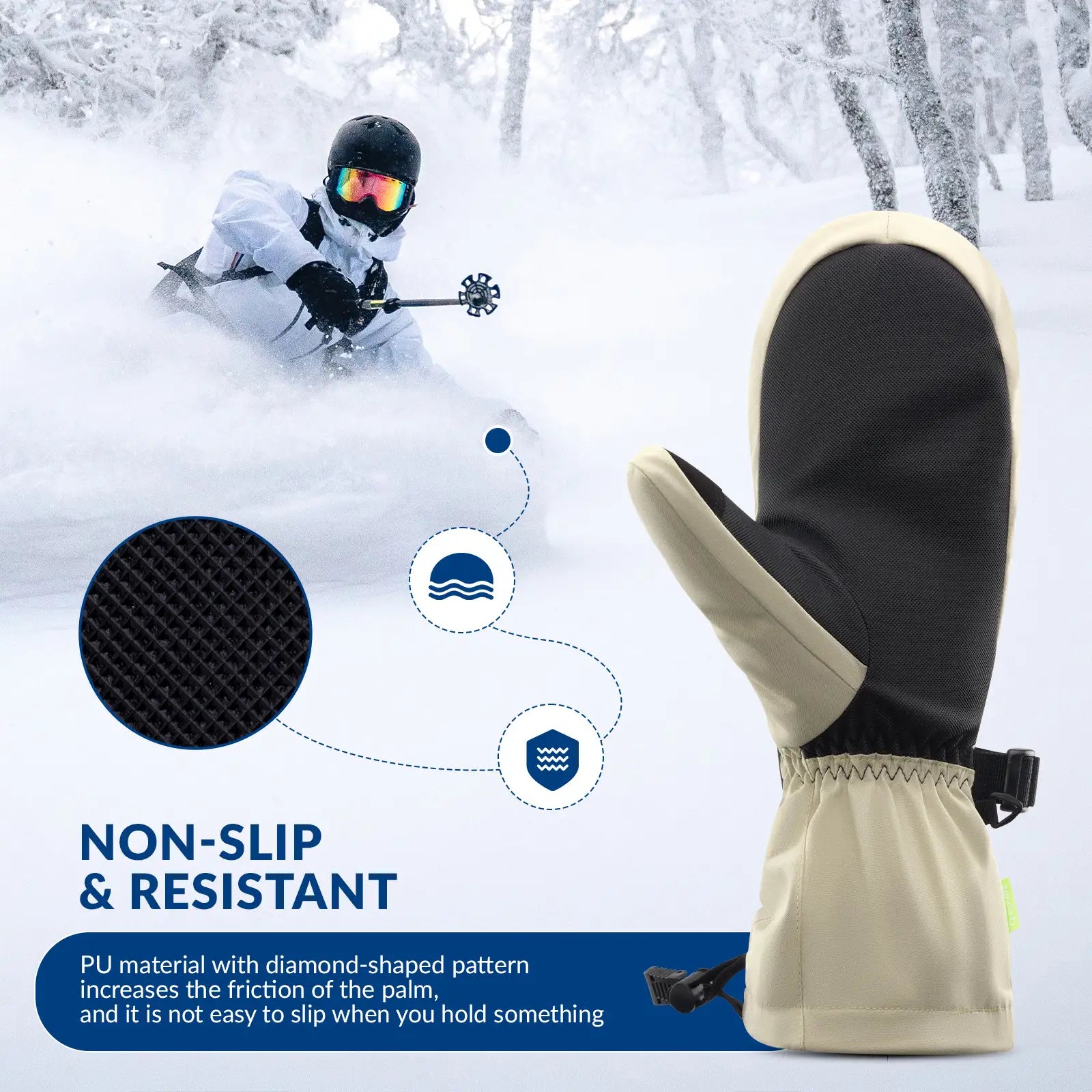 Black and beige ski glove with text on non-slip and resistant properties, snowboarder in background.