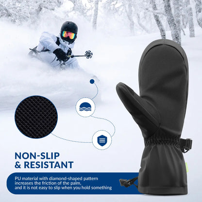 Black mittens with text on non-slip and resistant properties, snowboarder in background