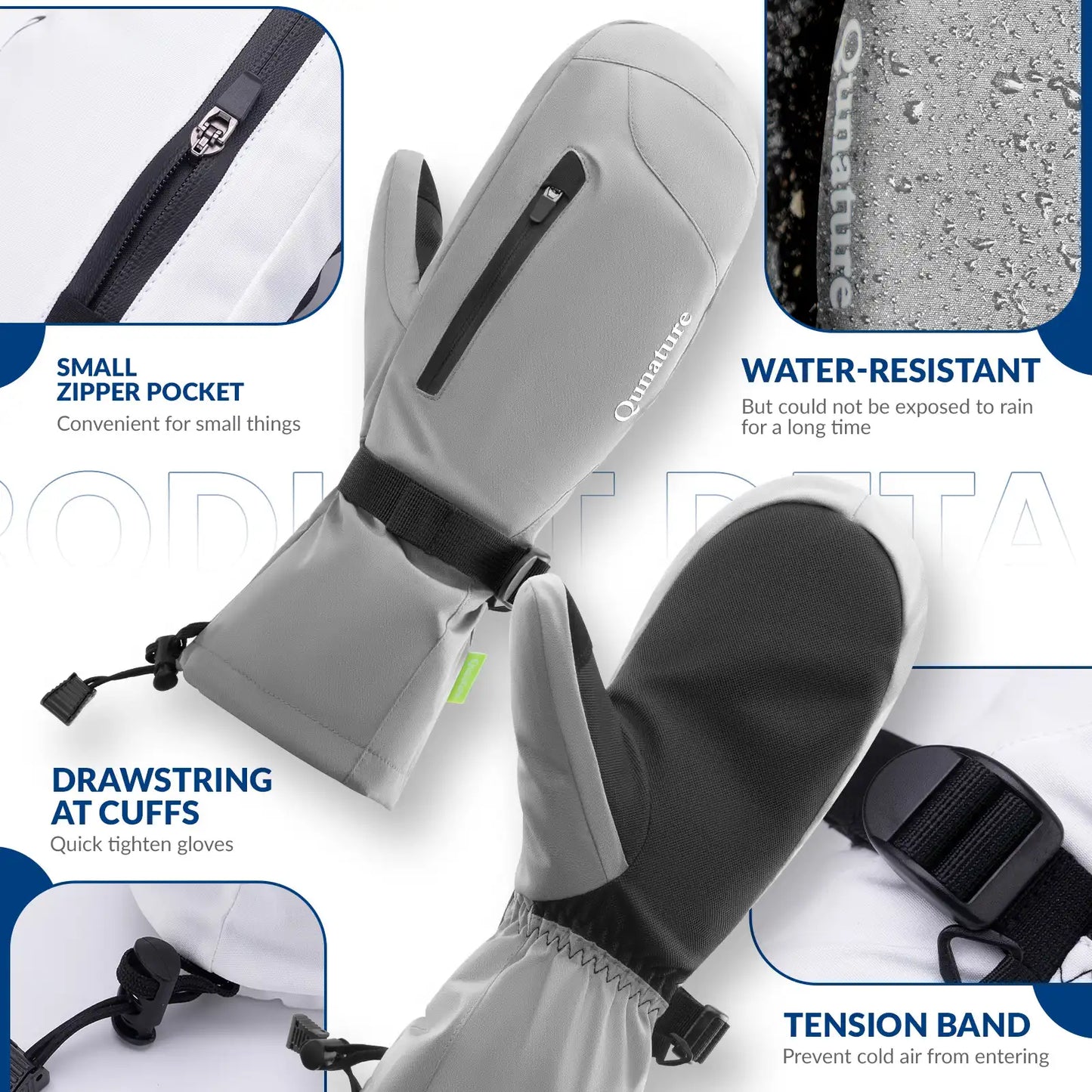 Gray and black gloves with features highlighted on a white background