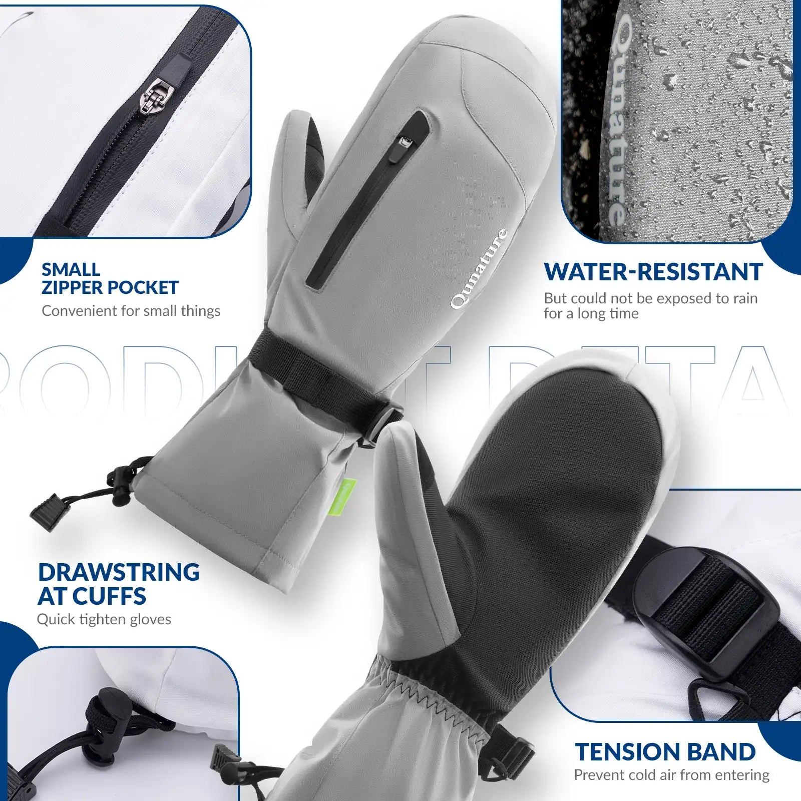 Gray and black gloves with features highlighted on a white background