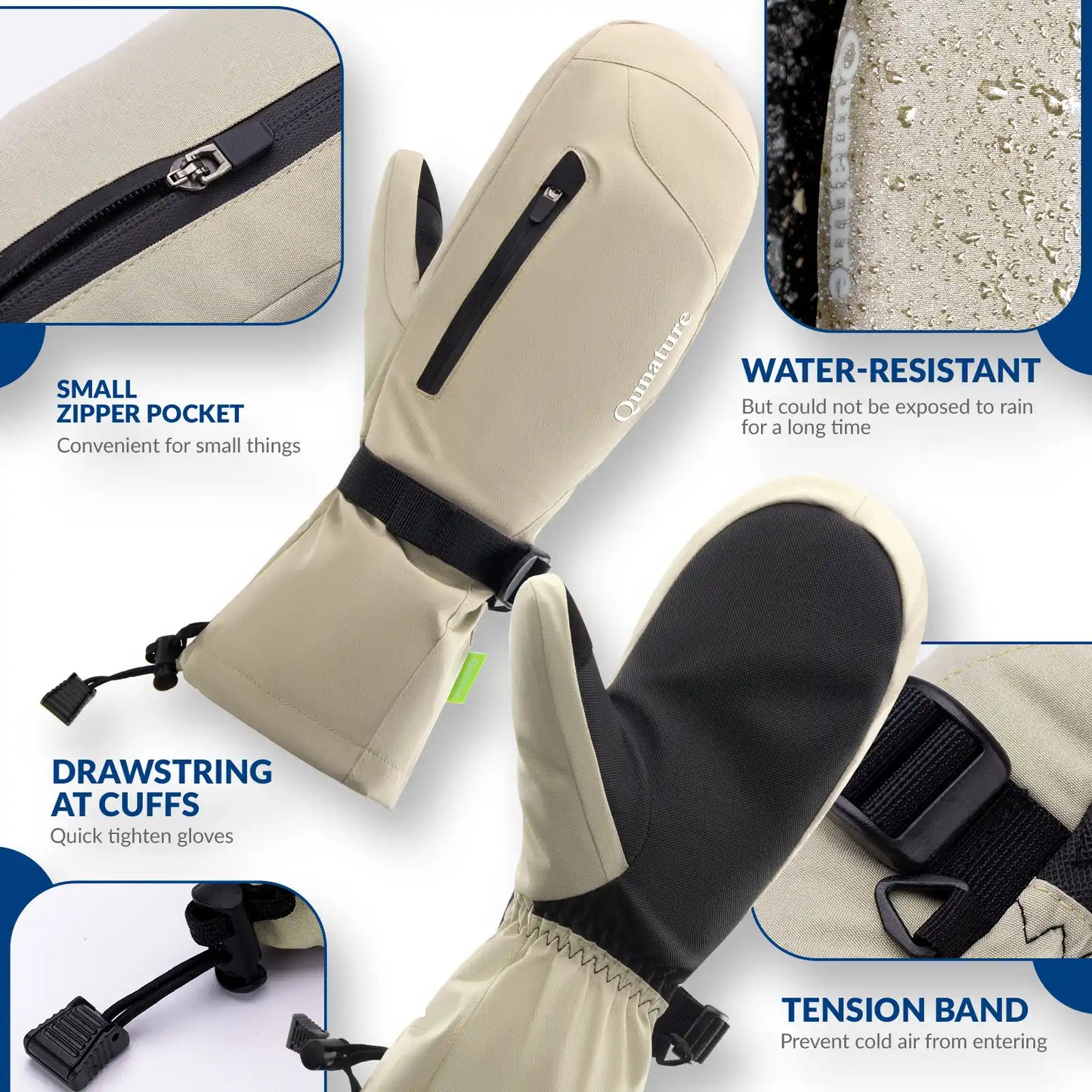 Beige gloves with black cuffs and drawstring, featuring text on features like a small zipper pocket and water-resistant properties.