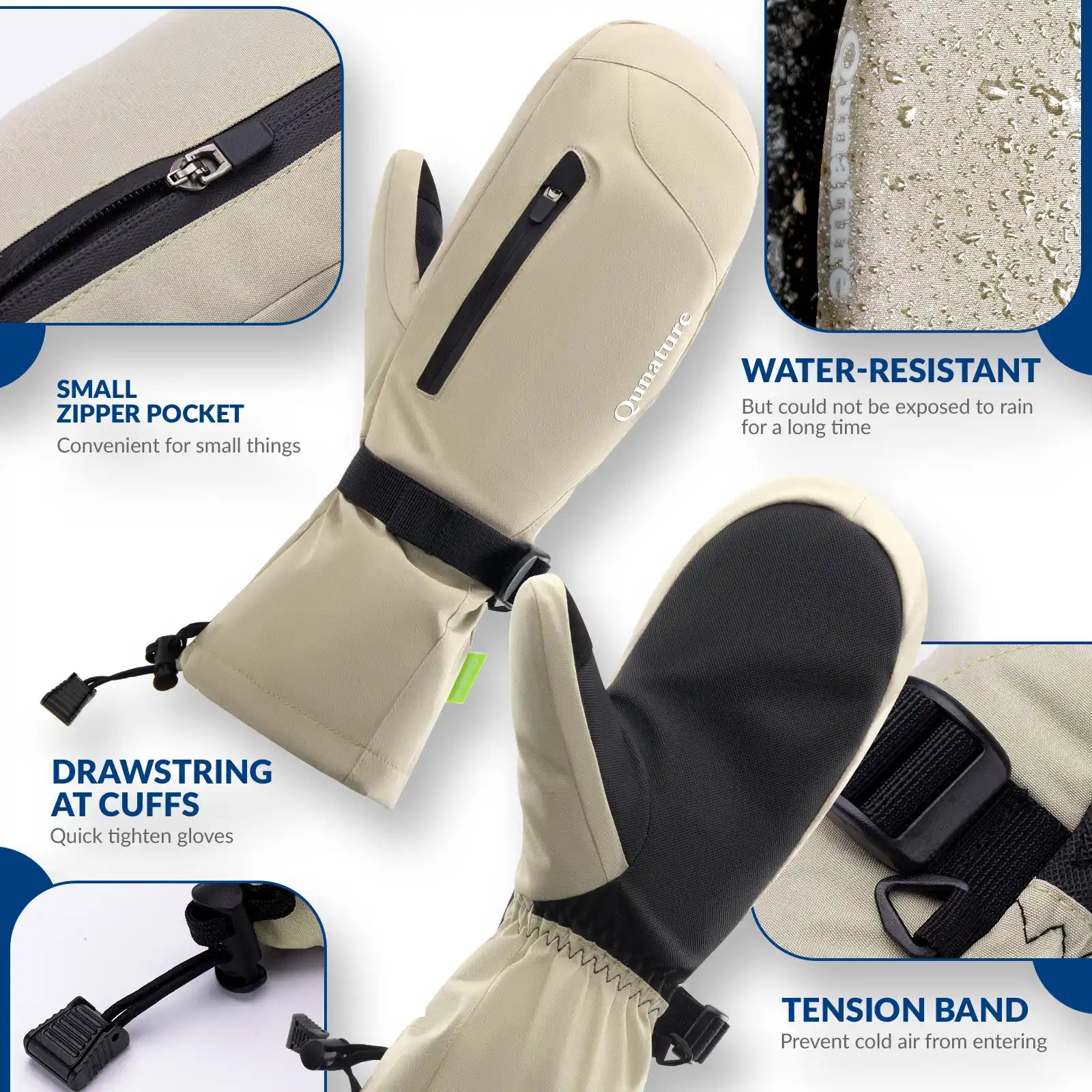 Beige gloves with black cuffs and drawstring, featuring text on features like a small zipper pocket and water-resistant properties.