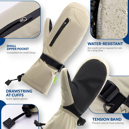 Beige gloves with black cuffs and drawstring, featuring text on features like a small zipper pocket and water-resistant properties.