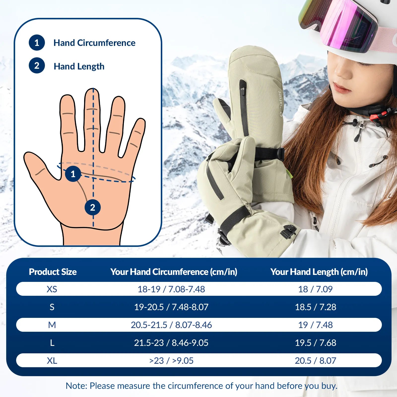 Measurement guide for gloves with a person wearing a glove and helmet in the background.