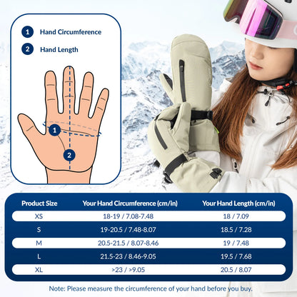 Measurement guide for gloves with a person wearing a glove and helmet in the background.