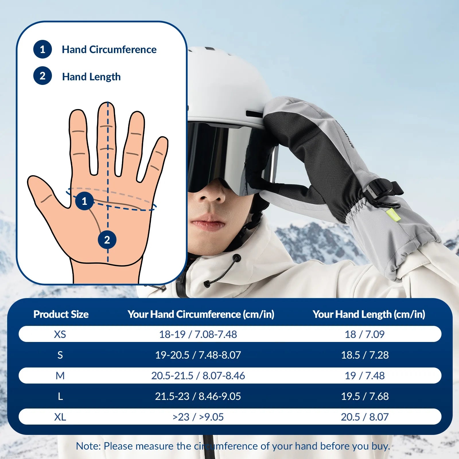 Measurement guide for hand size with a person wearing a white glove and helmet, set against a snowy landscape.