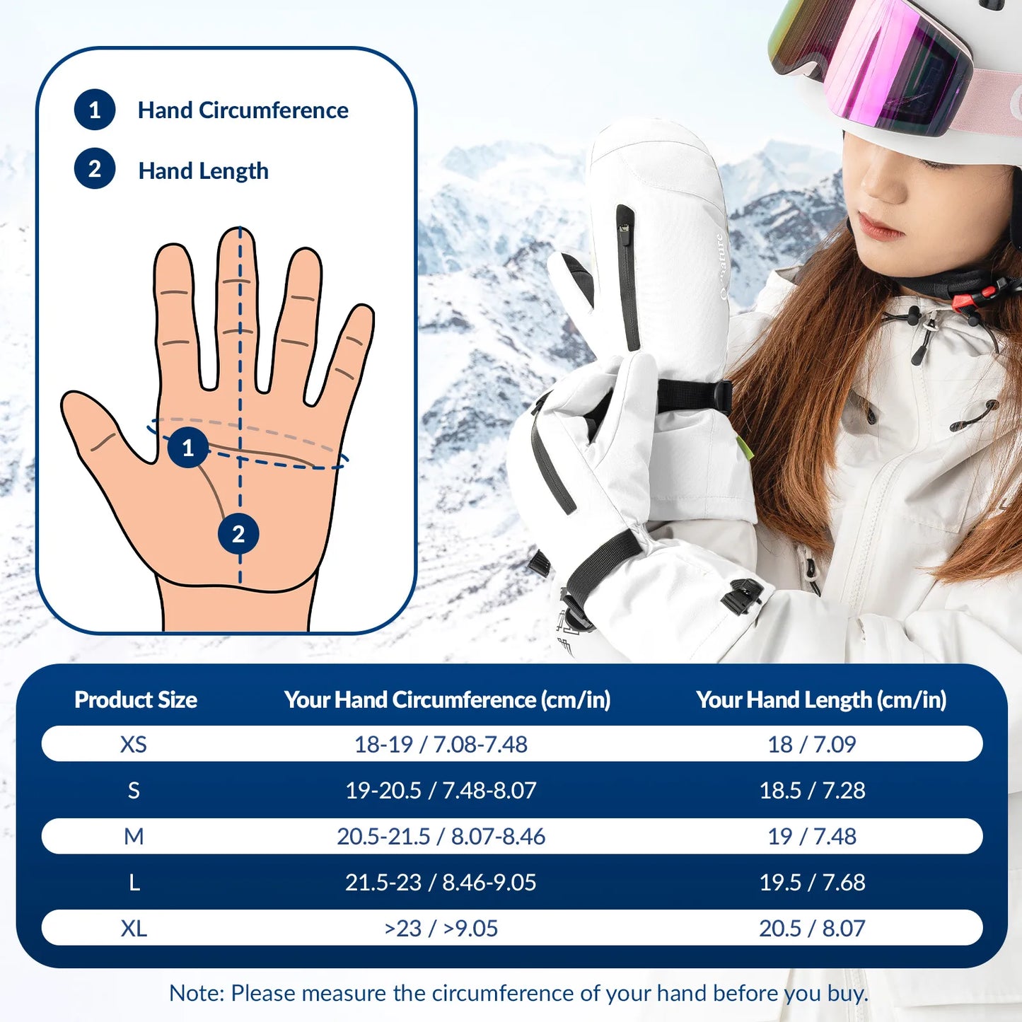 Measurement guide for ski glove sizing with a person wearing a helmet and goggles in the background.