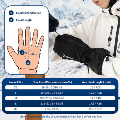 Person wearing black gloves with a size chart for hand measurements on a snowy background
