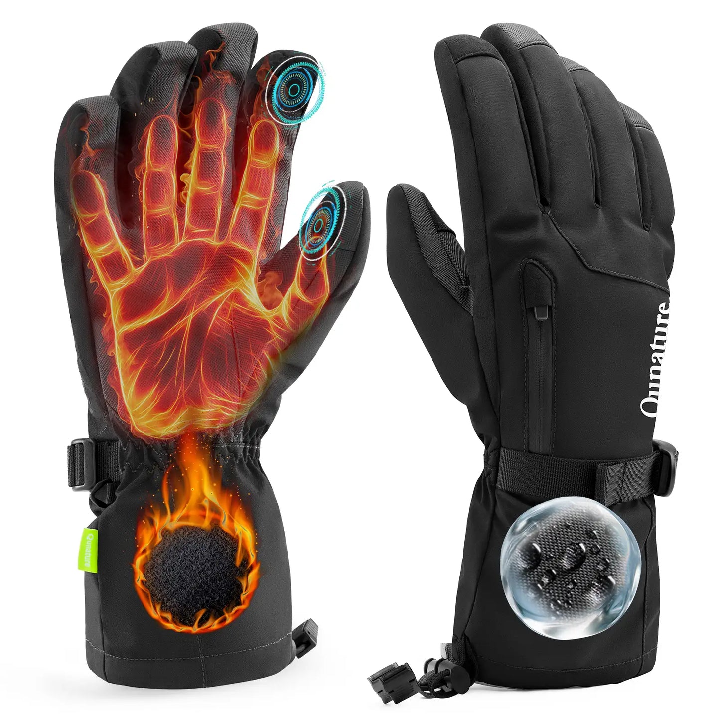 Black heated gloves with glowing interior and brand logo on a white background