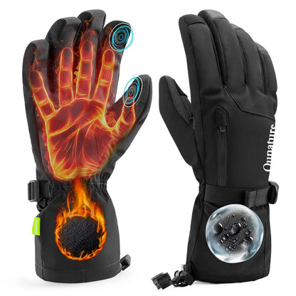 Black heated gloves with glowing interior and brand logo on a white background