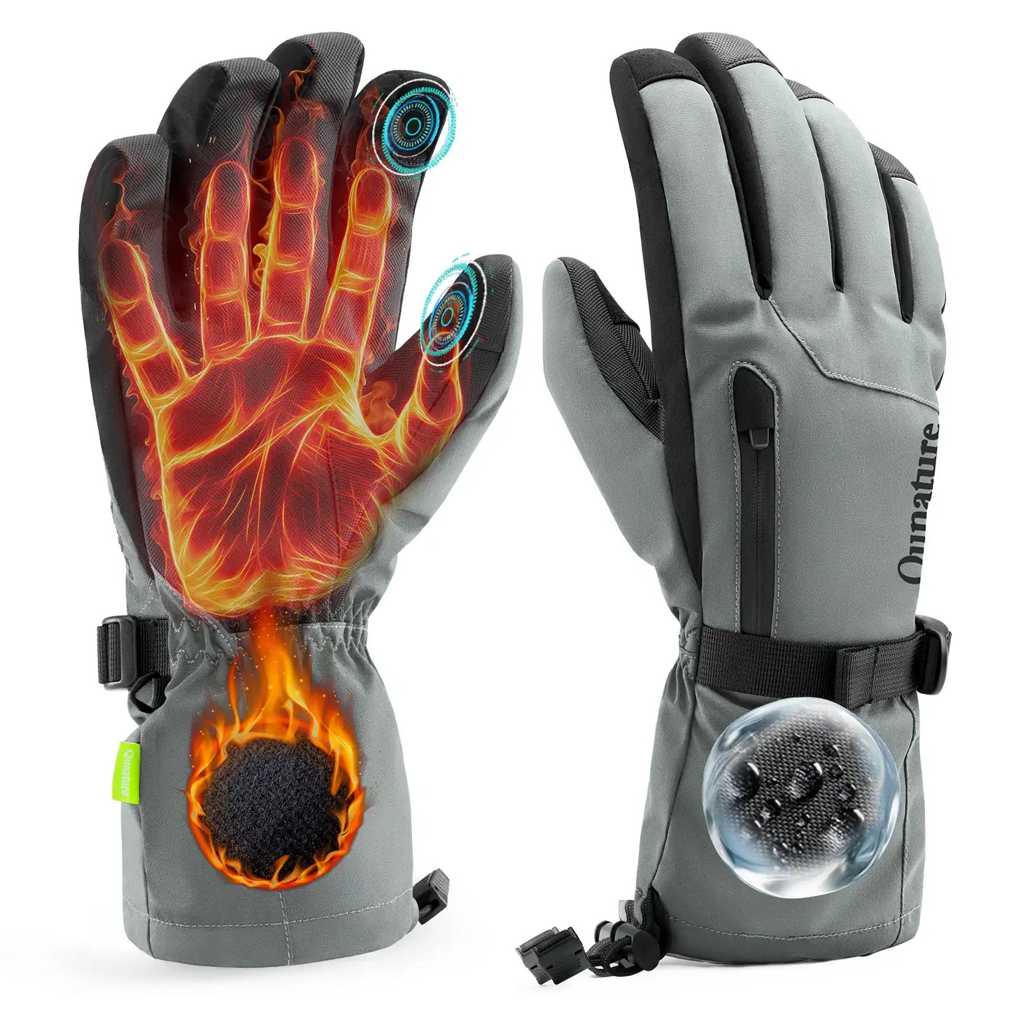 Two pairs of gloves, one with a fiery design and the other with a icy design, on a white background.