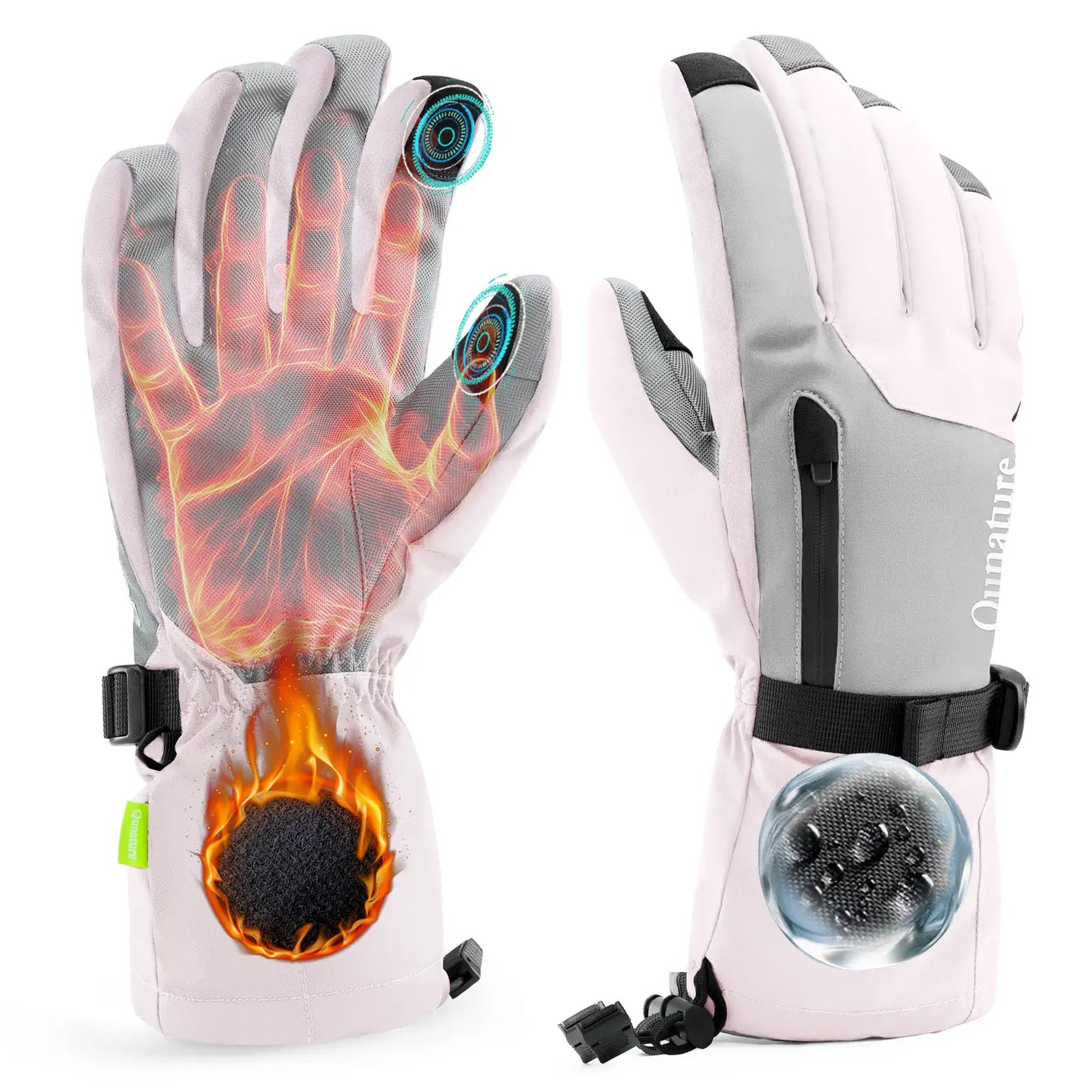 Pair of heated gloves with visible heating elements on a white background