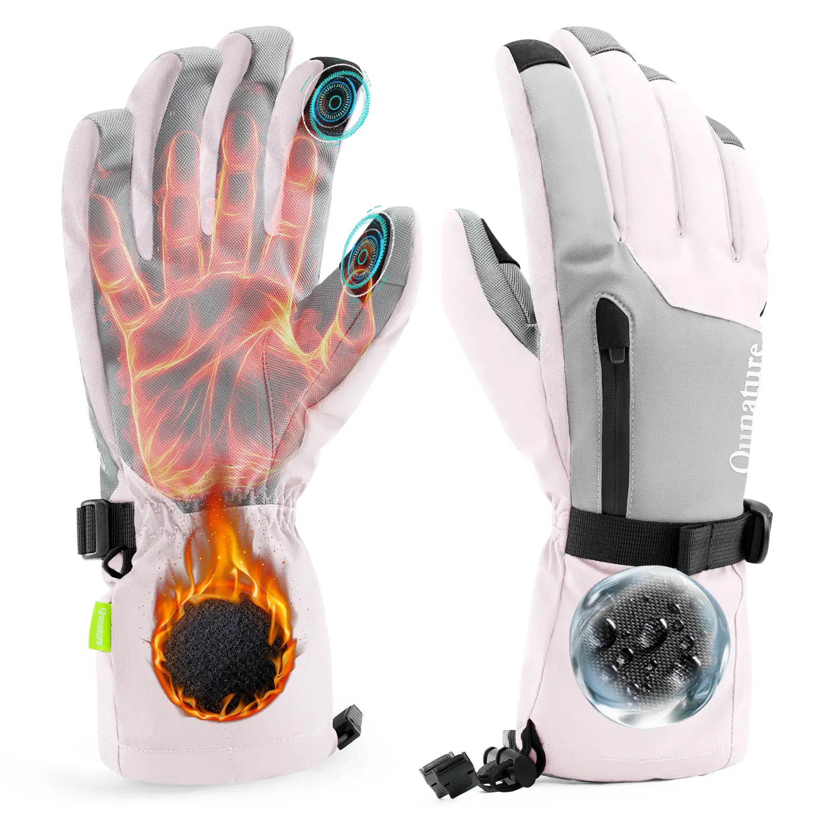 Pair of heated gloves with visible heating elements on a white background