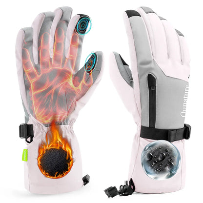 Pair of heated gloves with visible heating elements on a white background