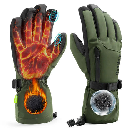 Green heated gloves with flame and ice graphics on a white background