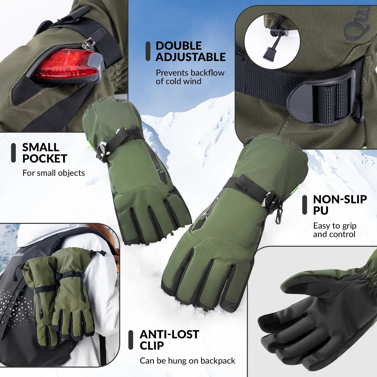Green gloves with features highlighted on a snowy background