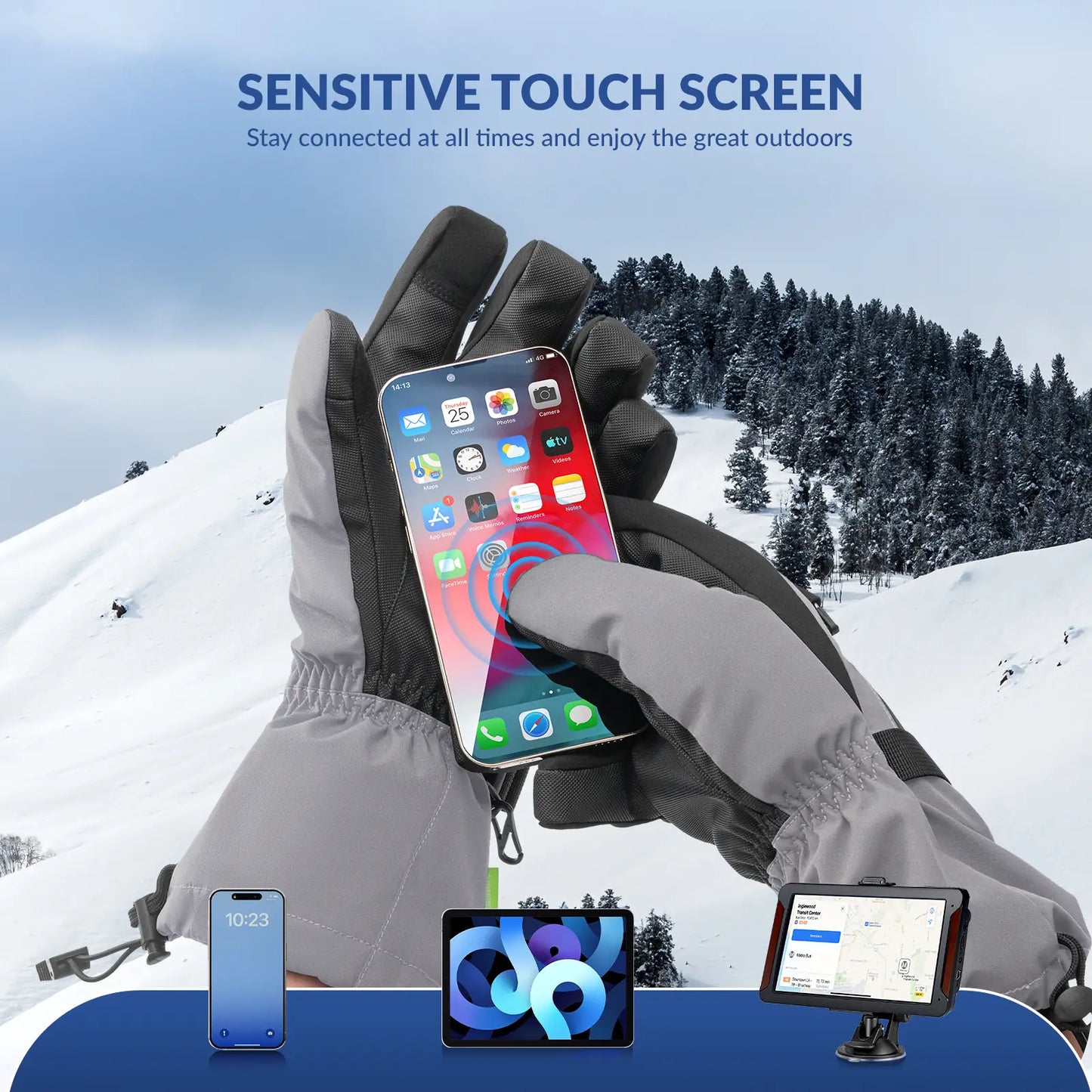 Person using a smartphone with touchscreen gloves in a snowy landscape
