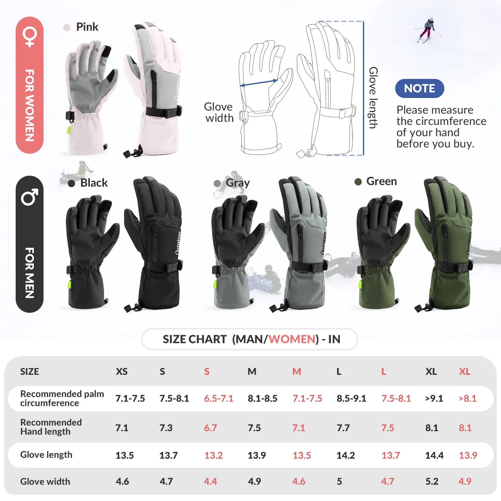 Gloves for men and women with size chart on a white background
