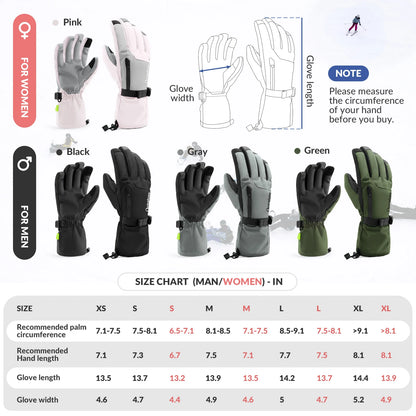 Gloves for men and women with size chart on a white background
