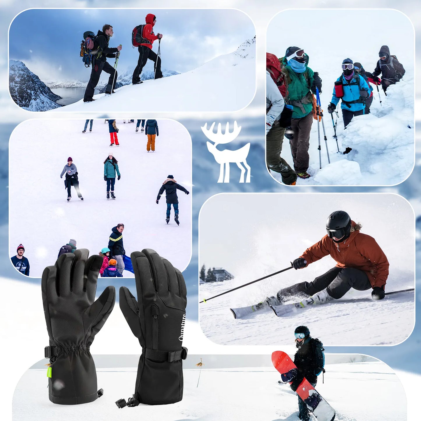 Collage of people skiing and snowboarding with a focus on gloves in the foreground.