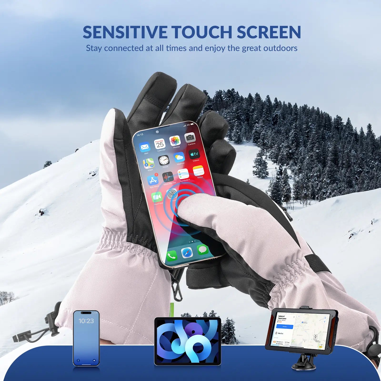 Person using a smartphone with touch screen gloves in a snowy landscape