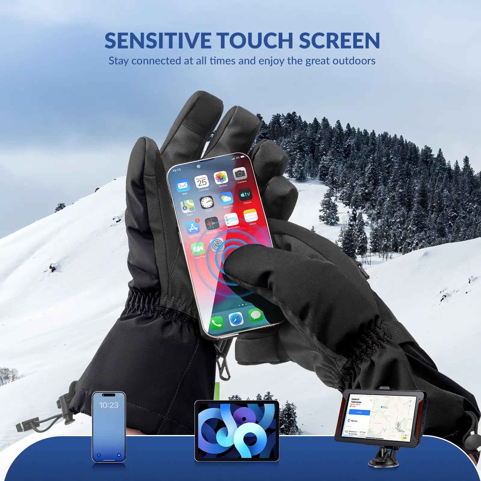 Person wearing black gloves using a smartphone with a snowy landscape in the background